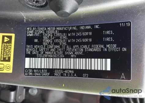2019 Toyota Highlander Xle from USA, damaged, VIN 5TDJZRFH6KS625384